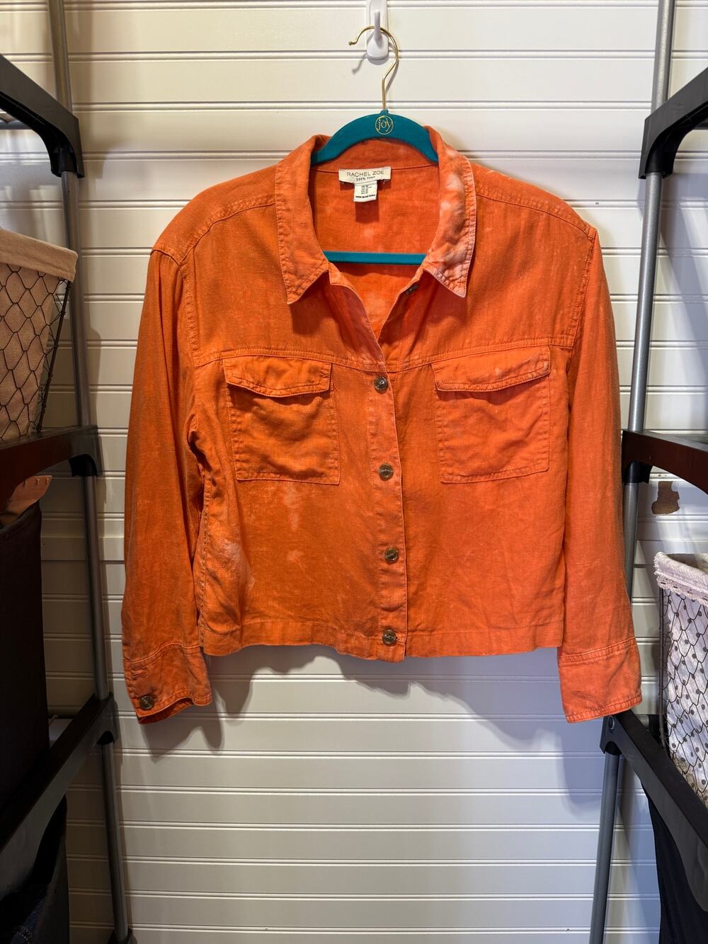 Rachel Zoe 100% Linen Tie Dye Orange Trucker Jacket Size M